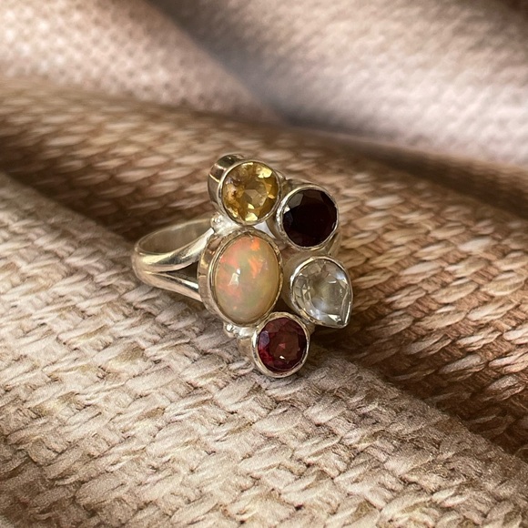 925 silver and natural Opal multi gemstone ring Adjustable Ring!! OS “VIBES” - Picture 14 of 16